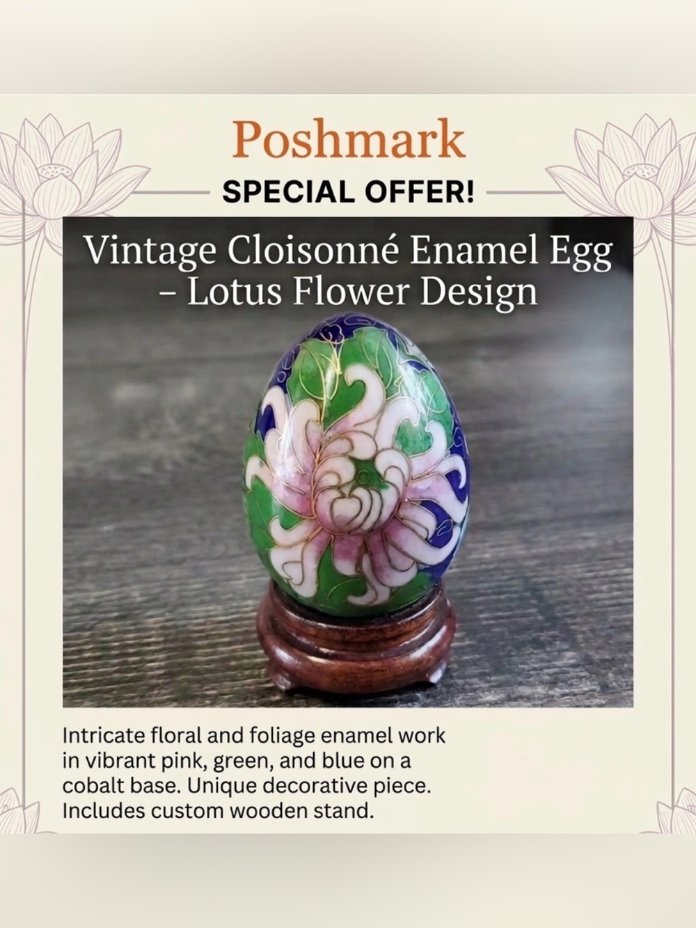 Cloisonné Egg with hand painted Floral Motif and wood stand. Vintage